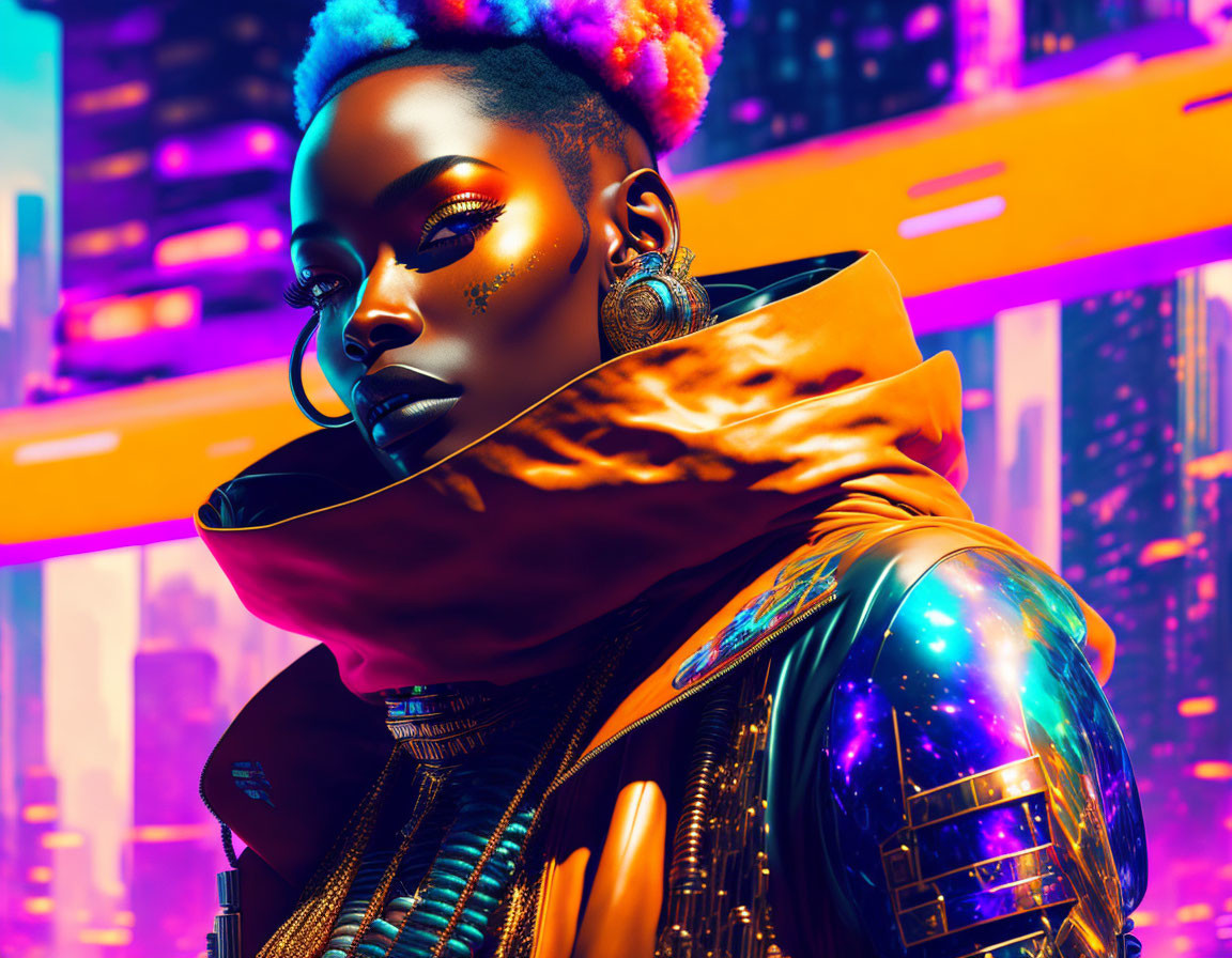 Vibrant digital artwork: Woman with blue hair in futuristic attire against neon cityscape