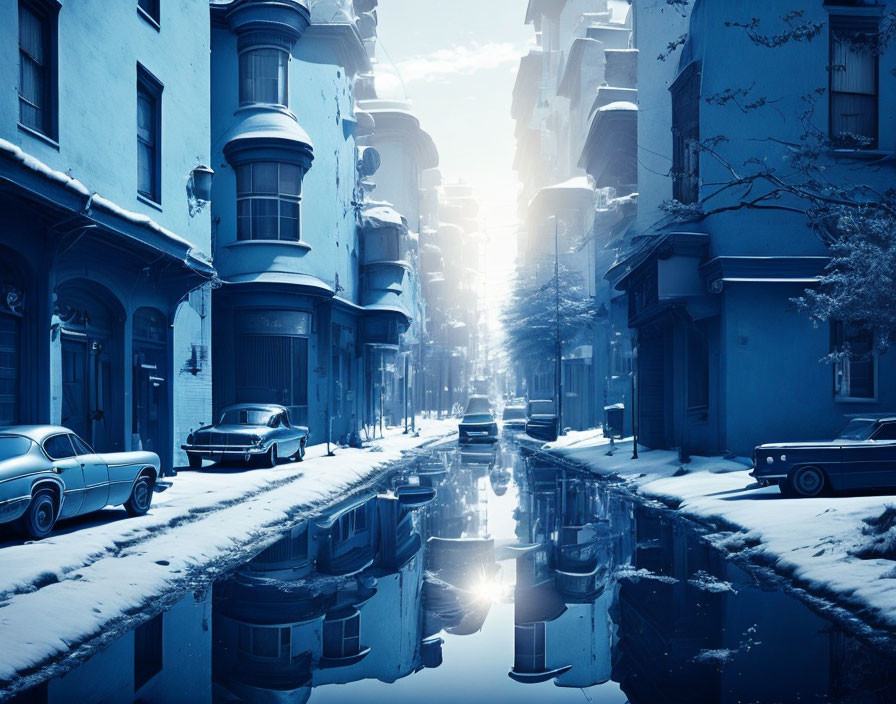 Vintage cars on snowy urban street with tall buildings and blue sky reflected in puddle