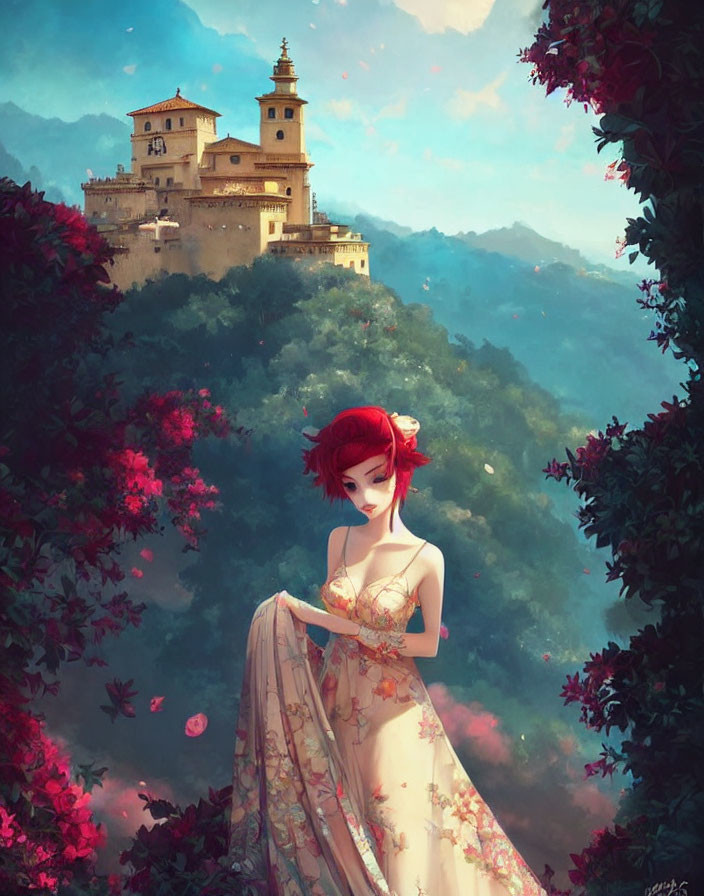 Red-haired woman in floral dress amid lush landscape with castle, blooming trees.