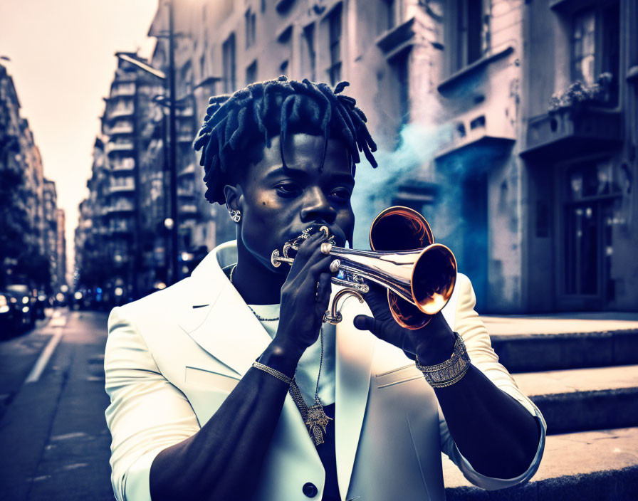 Dreadlocked person in white blazer playing trumpet on city street