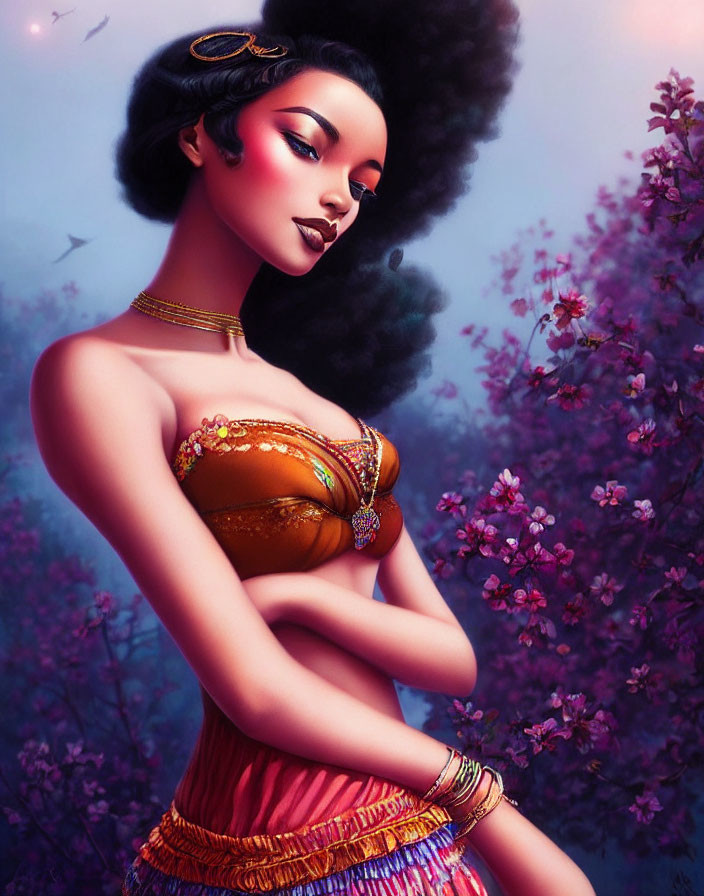 Illustration: Woman with curly hair and jewel-encrusted attire among purple blossoms