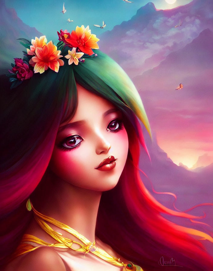 Colorful illustration: girl with rainbow hair and flowers under pink sky