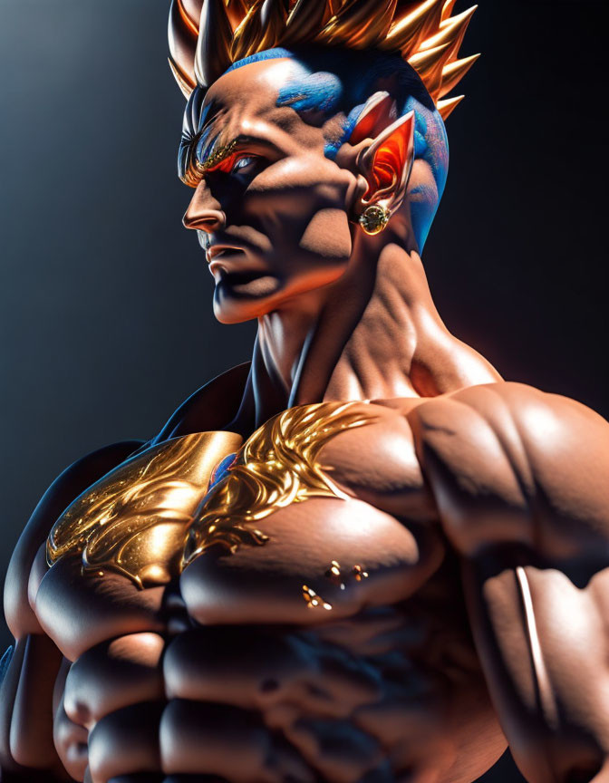 Muscular character in golden armor with spiky hair on dark background