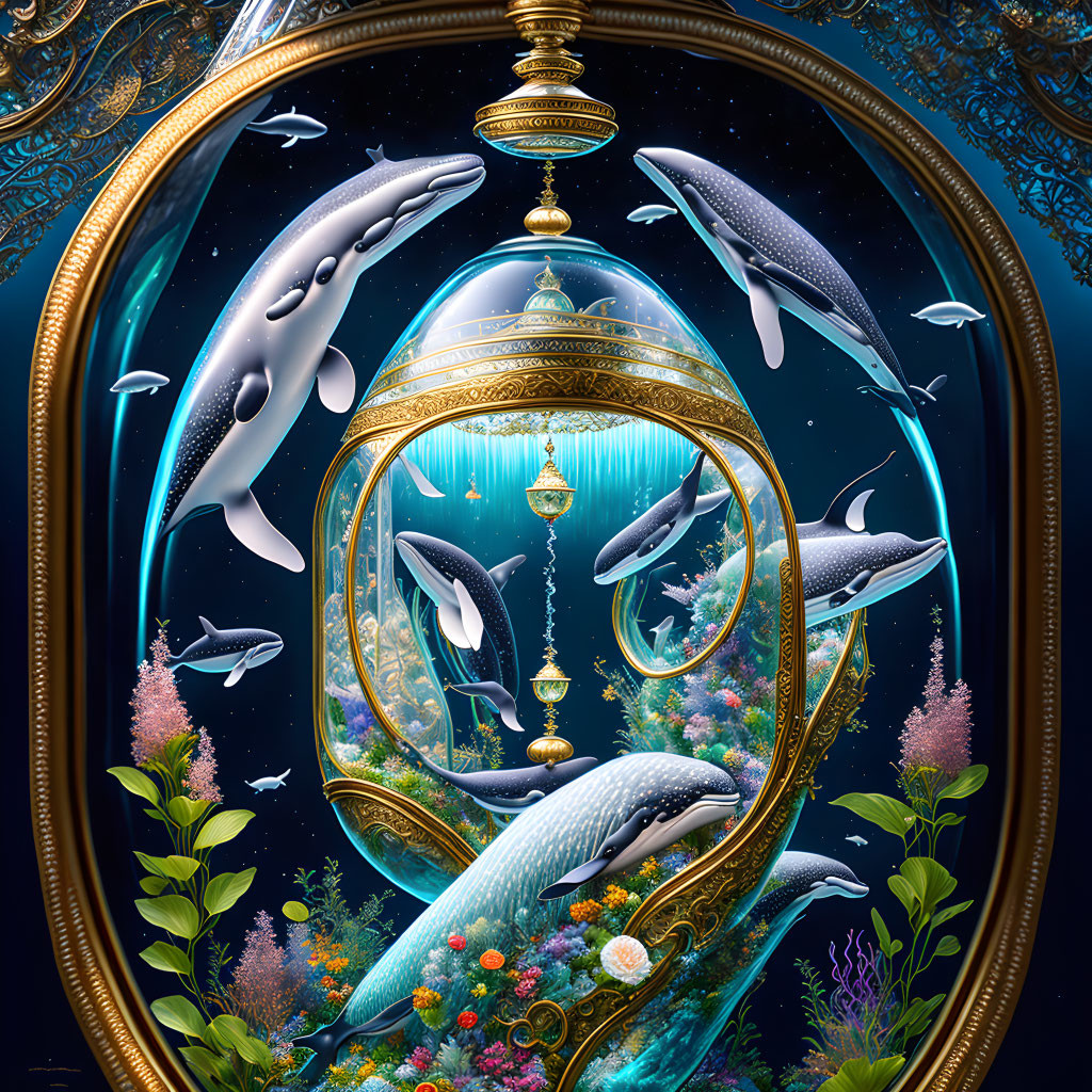 Whimsical painting of floating whales in golden-framed lantern underwater