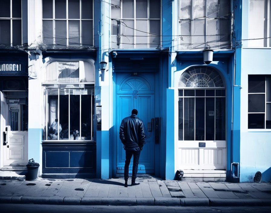 Person in Dark Clothing Stands Before Vibrant Blue Door