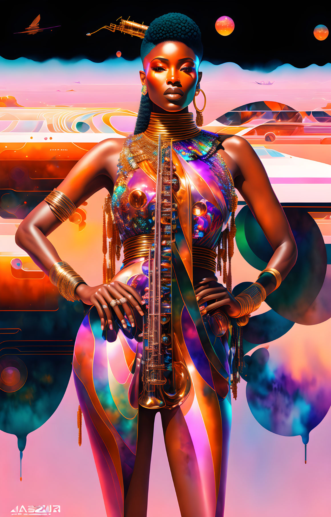 Futuristic woman in iridescent bodysuit with saxophone on sci-fi landscape