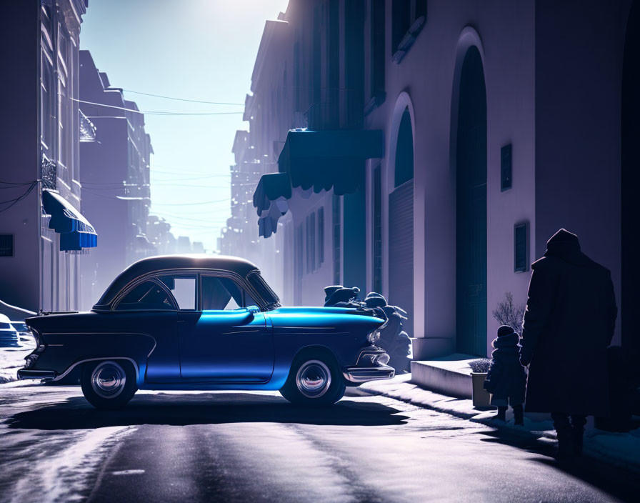 Classic car and silhouetted figure in urban street noir scene