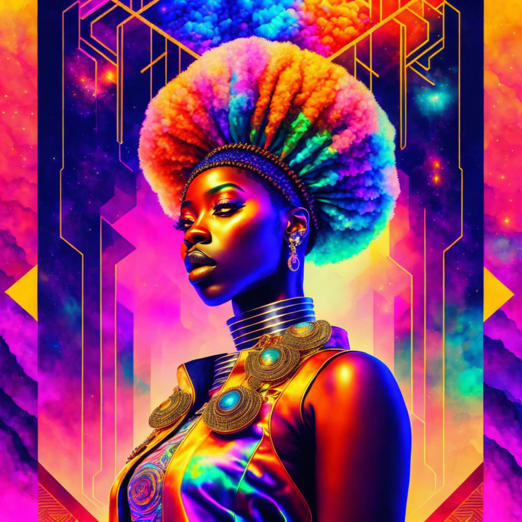 Colorful Digital Art Portrait of Woman with Afro and Golden Jewelry