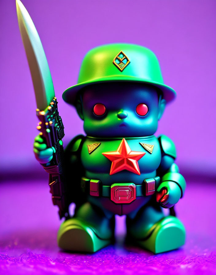 Toy soldier with knife and gun in green helmet and uniform on purple background