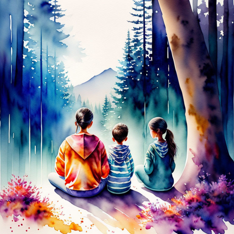 Three people in colorful foliage gazing at distant misty mountain