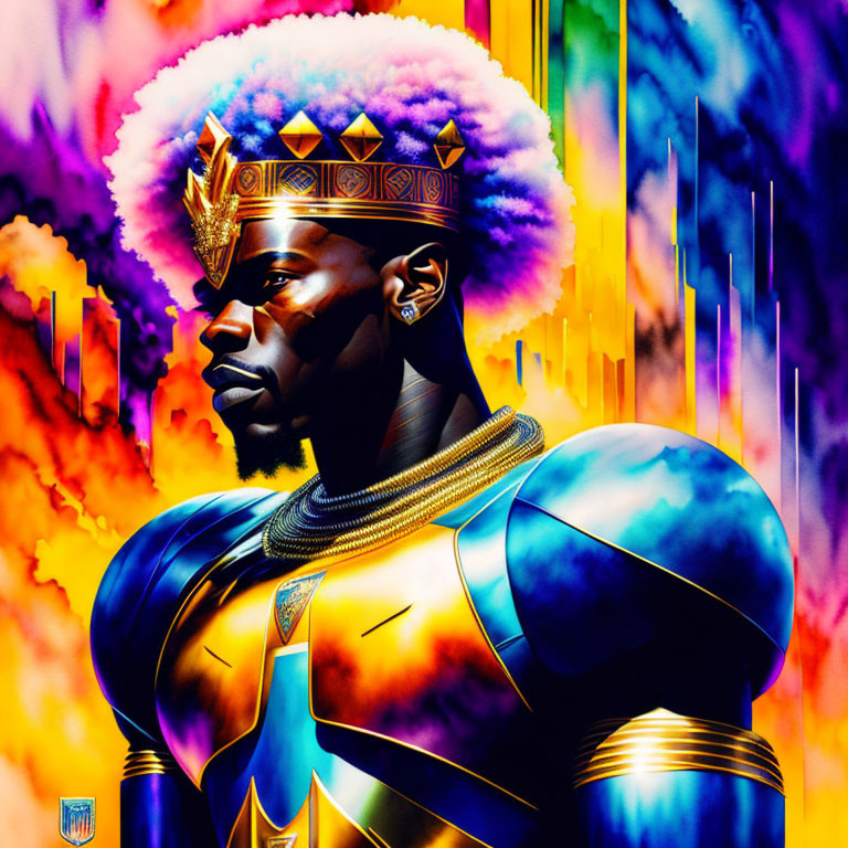 Regal figure in blue and gold attire on neon backdrop - powerful and majestic