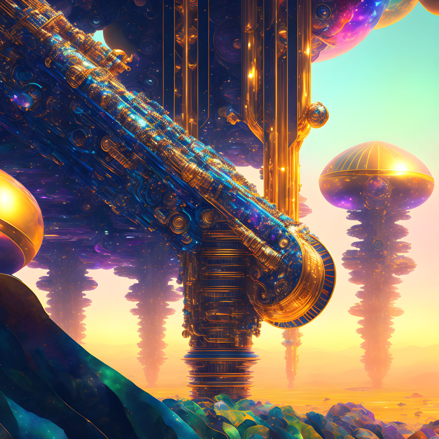 Vibrant surreal landscape with futuristic structures against alien sunset sky