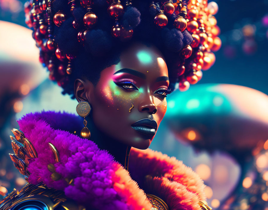 Colorful Afro-Punk Woman Portrait with Spheres and Sparkling Makeup