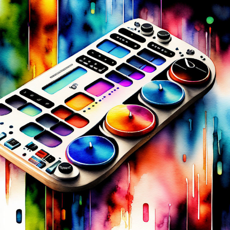 Vibrant DJ MIDI Controller with Pads and Knobs on Watercolor Background