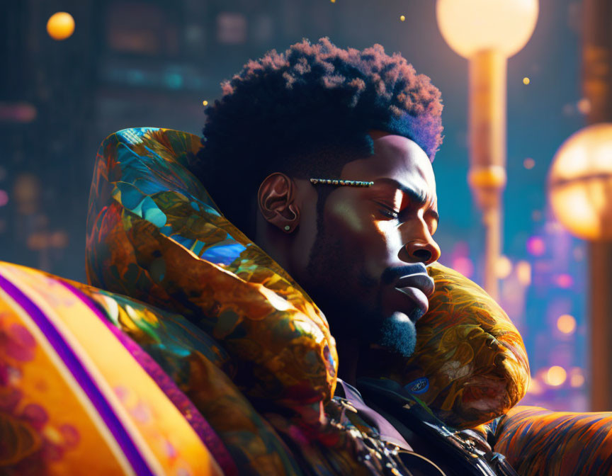 Digital portrait: Man with afro, sunglasses, vibrant jacket in neon-lit city.