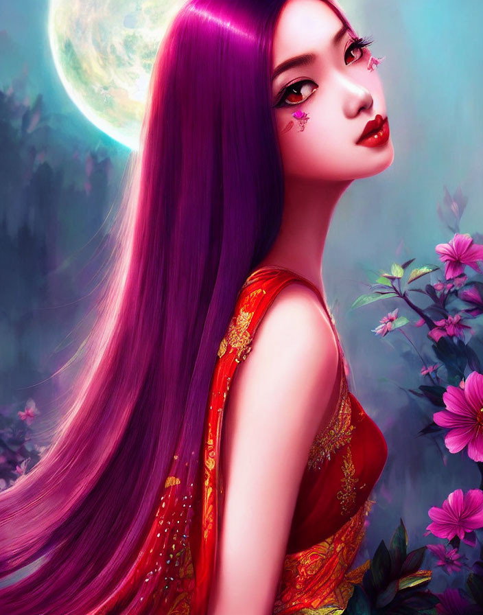 Digital artwork: Woman with purple hair in red attire, surreal moon & floral background