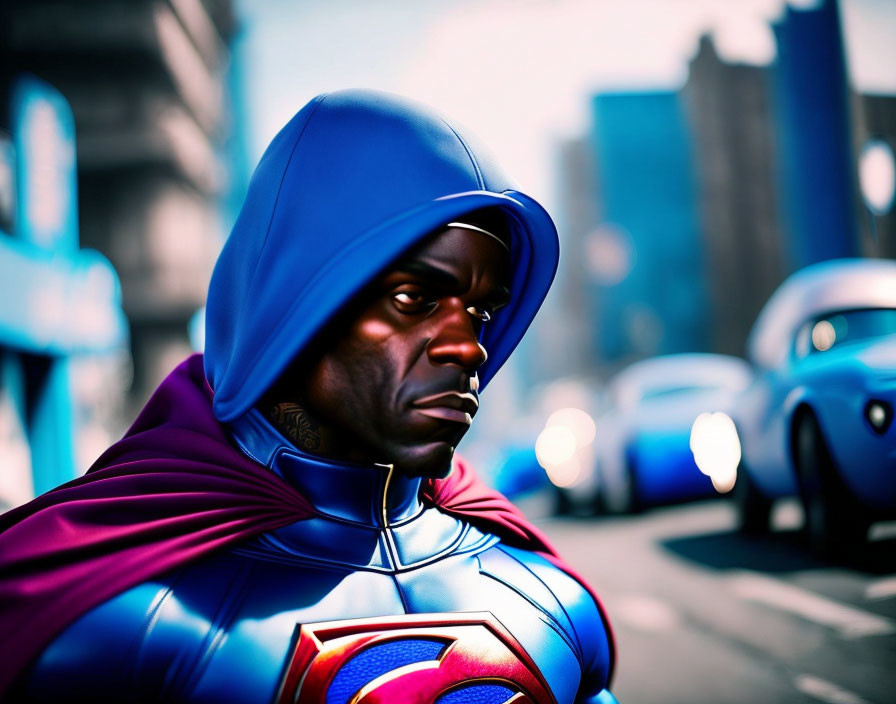 Blue superhero costume with cape and hood in urban setting.