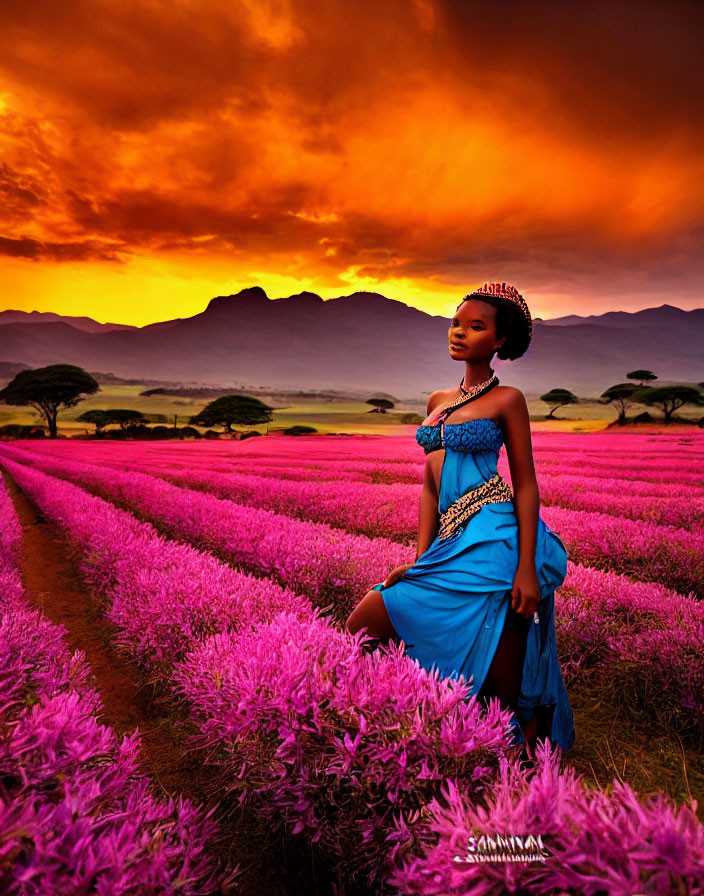 Woman in Blue Dress Surrounded by Pink Flowers at Sunset