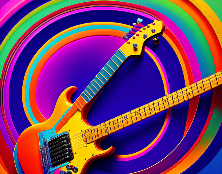 Vibrant Yellow Electric Guitar on Colorful Swirl Background