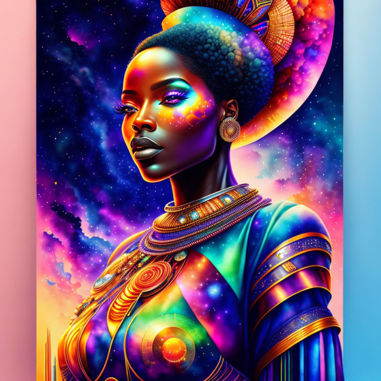 Colorful digital portrait: Woman with cosmic and African elements