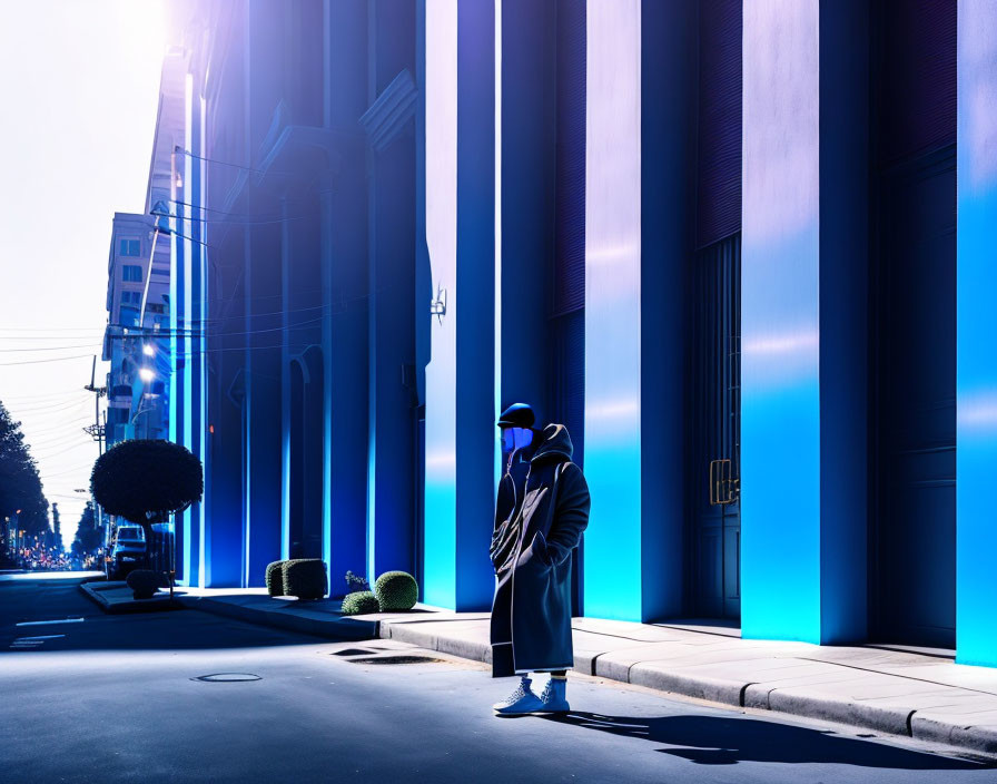 Fashionable individual next to building with blue lighting and shadows.