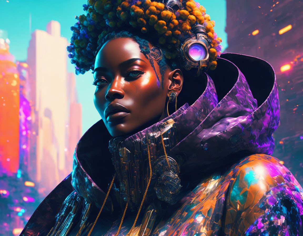 Vibrant makeup and iridescent jacket in futuristic cityscape