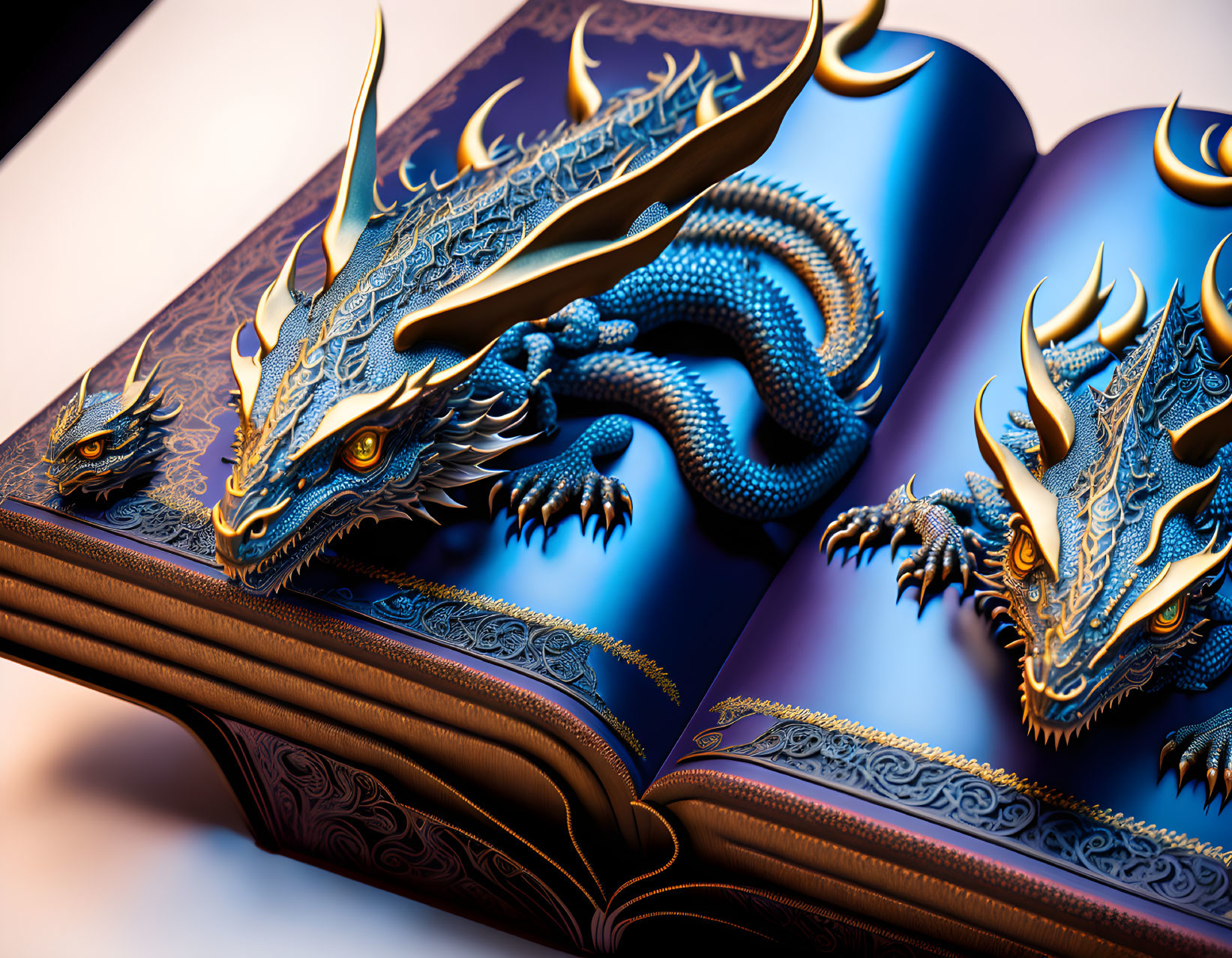 Three-dimensional Blue Dragons Emerging from Open Book on Orange Background