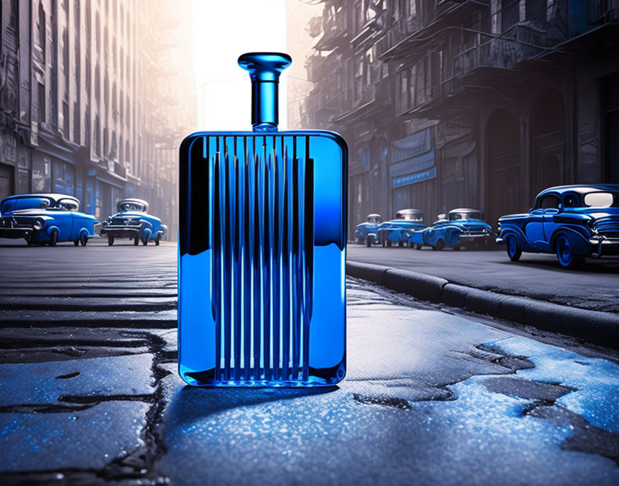 Blue perfume bottle in urban street with vintage cars and foggy ambiance