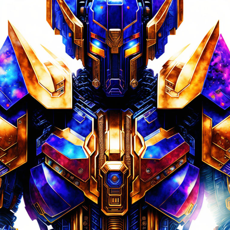 Vibrant illustration of imposing robot in blue and golden armor