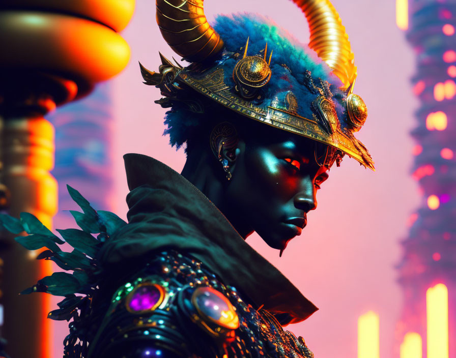 Blue-skinned futuristic warrior in ornate armor against neon cityscape