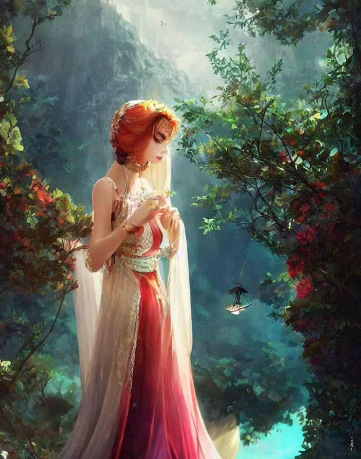 Illustration: Red-haired woman in white and pink gown in lush forest