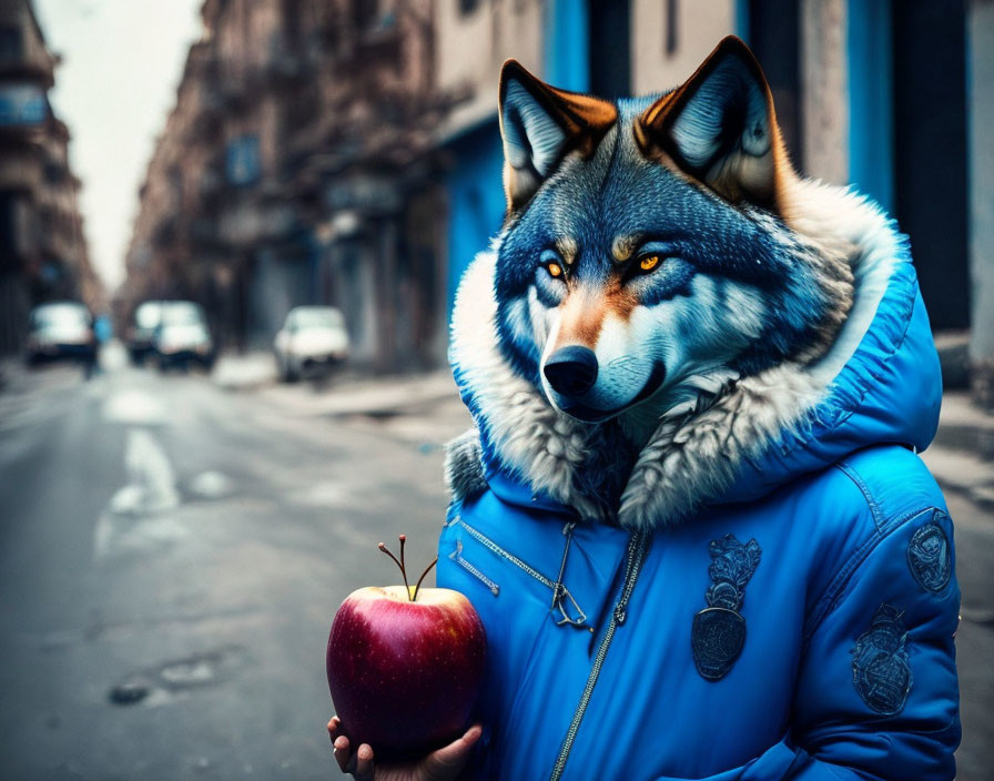 Anthropomorphic wolf character in blue jacket holding an apple on city street