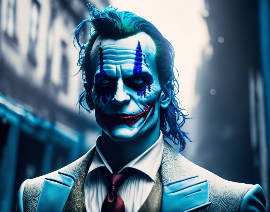 Person with dramatic blue and white face paint in clown style suit against city background