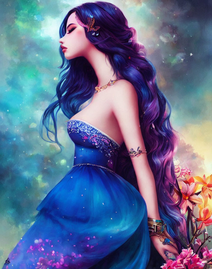 Colorful fantasy artwork of woman with long purple hair and blue dress