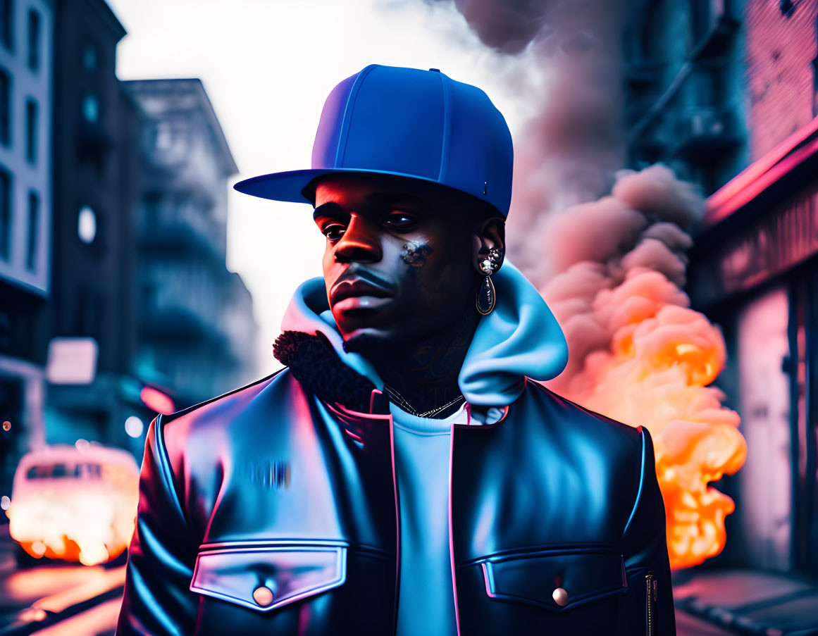 Man in Blue Cap and Leather Jacket in Neon-Lit Street Scene