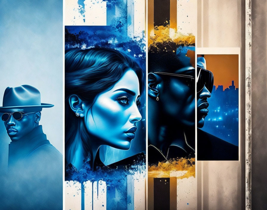 Stylized side profiles in digital artwork with cityscape backdrop and abstract blue-gold stripes