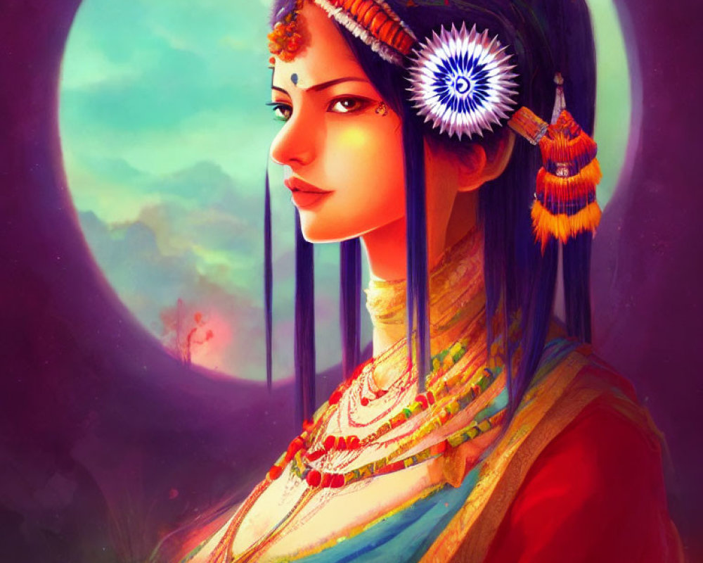 Traditional Indian Woman Illustration with Moon and Warm Colors