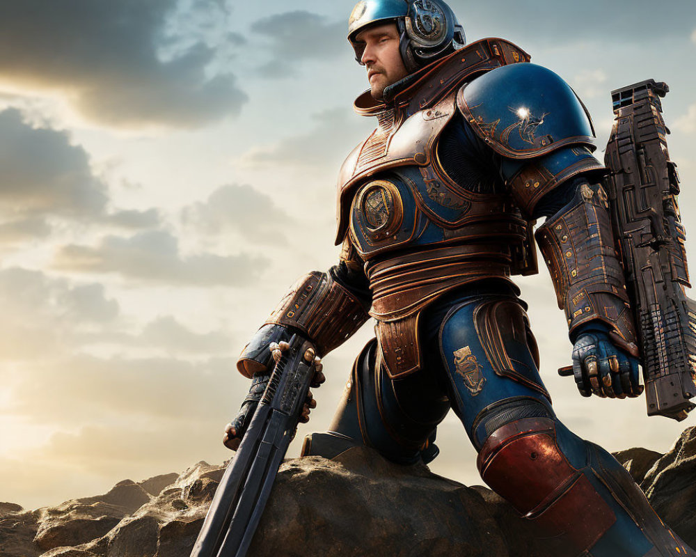 Futuristic knight in ornate armor with sword and gun on rocky terrain