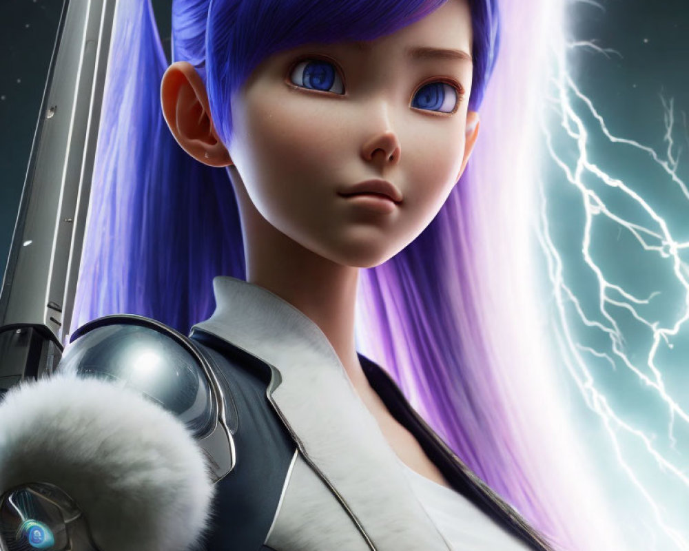 Vibrant blue-haired female character in futuristic armor with lightning backdrop.