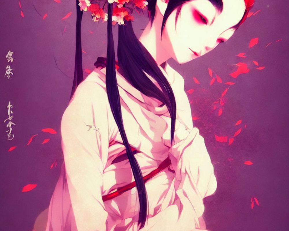 Illustration: Woman with Long Black Hair and Red Flowers in Traditional Asian Style