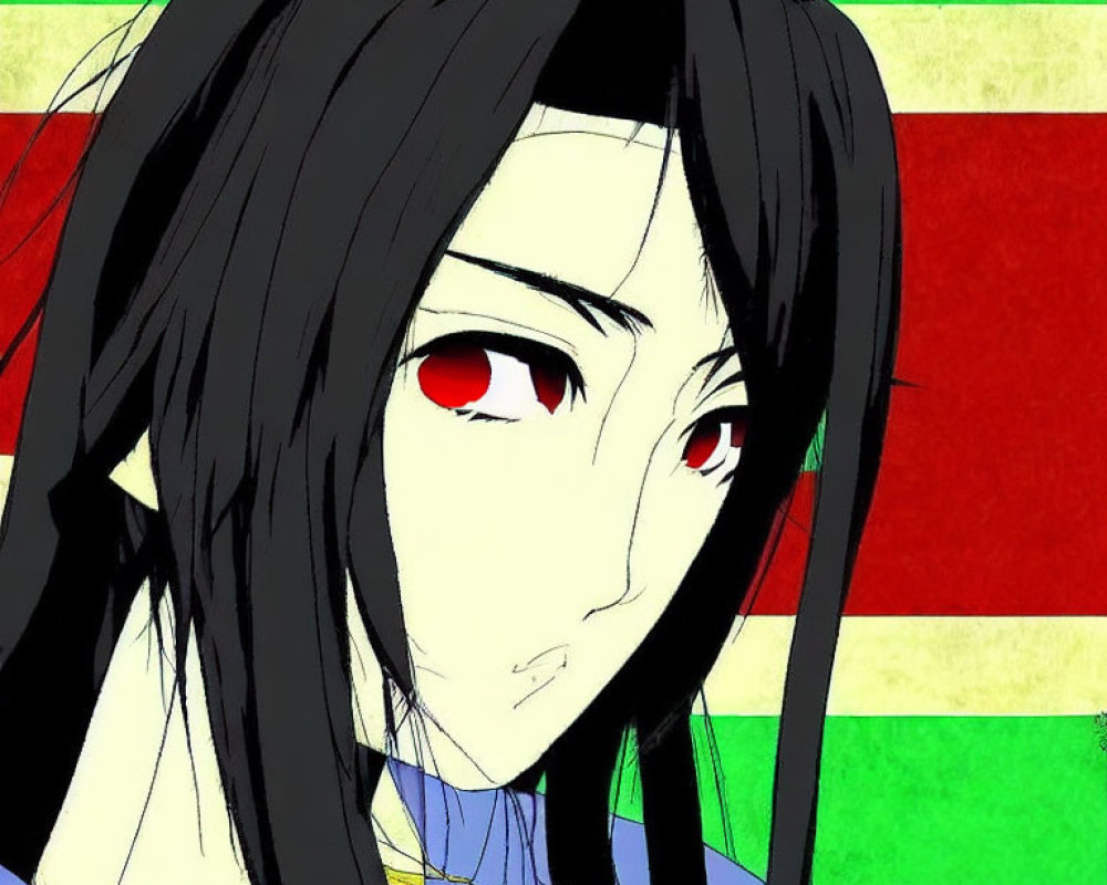 Detailed close-up of character with long black hair, red eyes, blue outfit, on striped green and