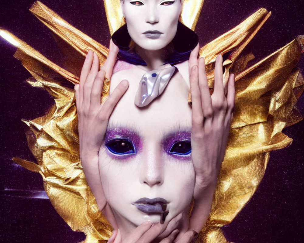 Artistic makeup: one person in white mask and gold attire, another with purple eyes and forehead gem