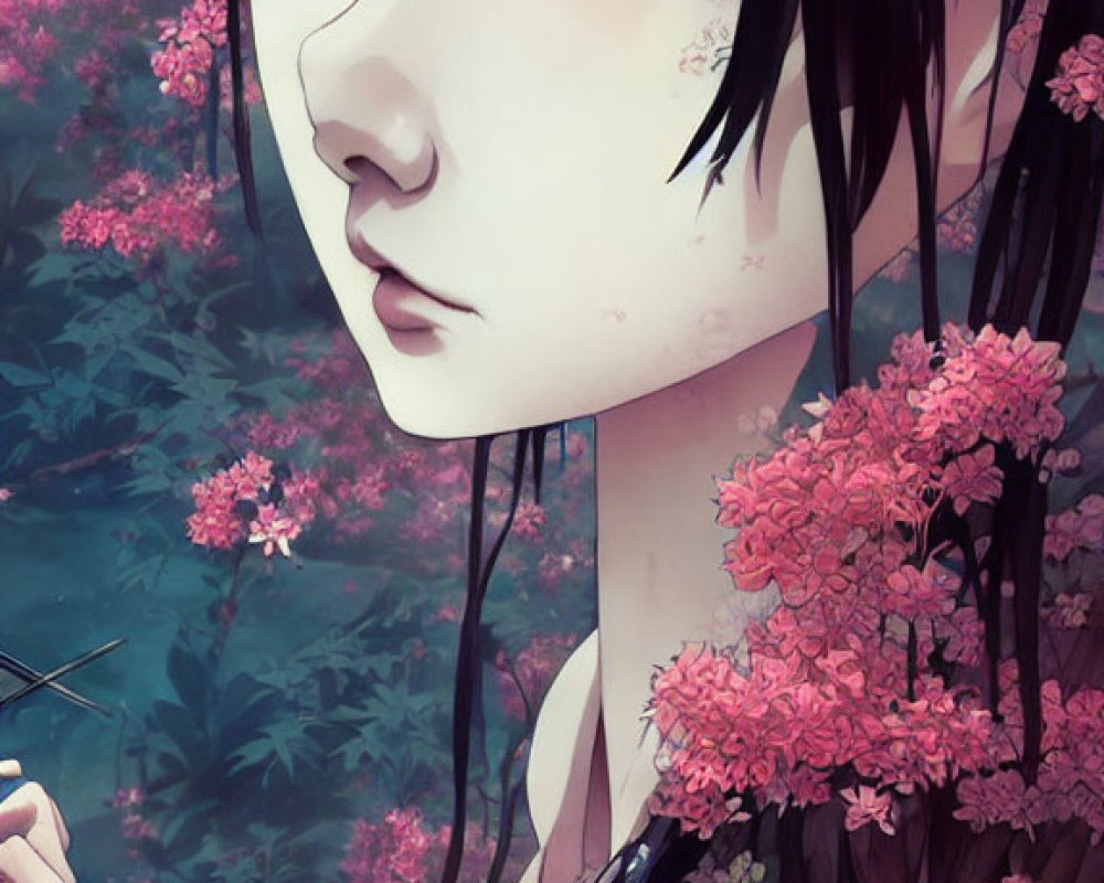 Dark-Haired Female Character with Pink Flowers and Red Eyes in Floral Background