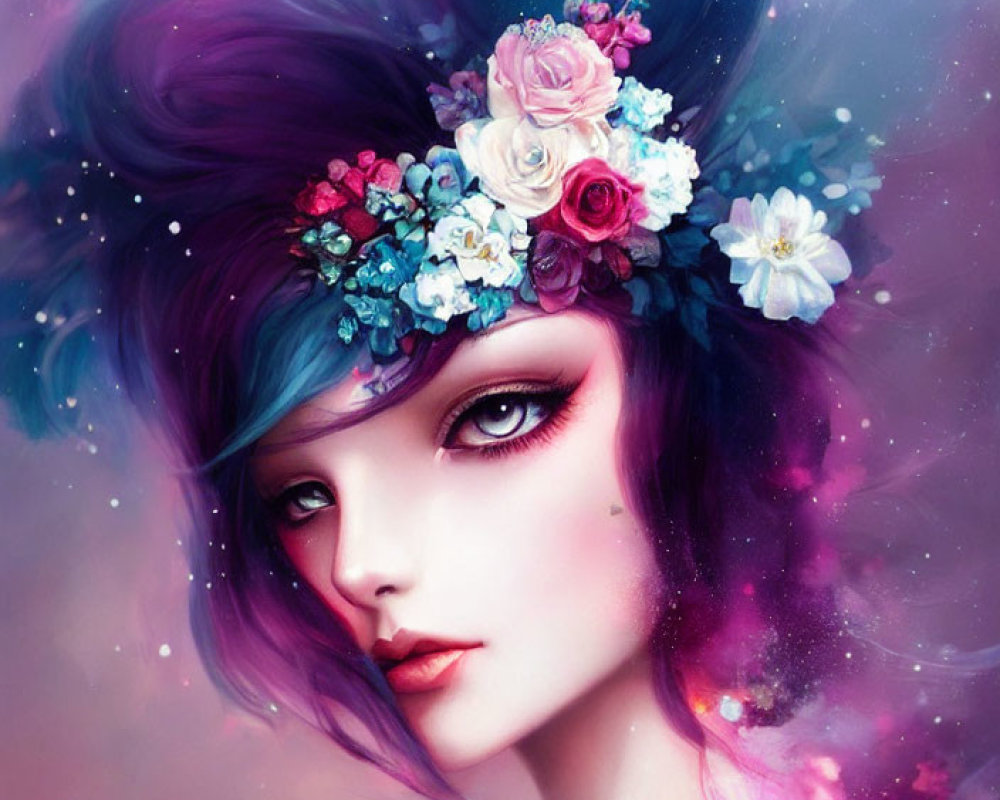 Colorful digital portrait of female figure with purple hair and floral headband in cosmic setting