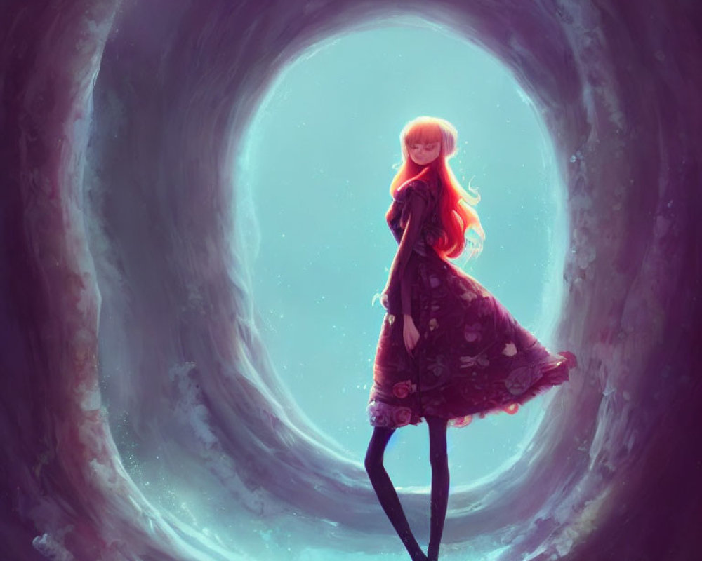 Red-haired girl in dark dress in surreal tunnel with luminous entrance