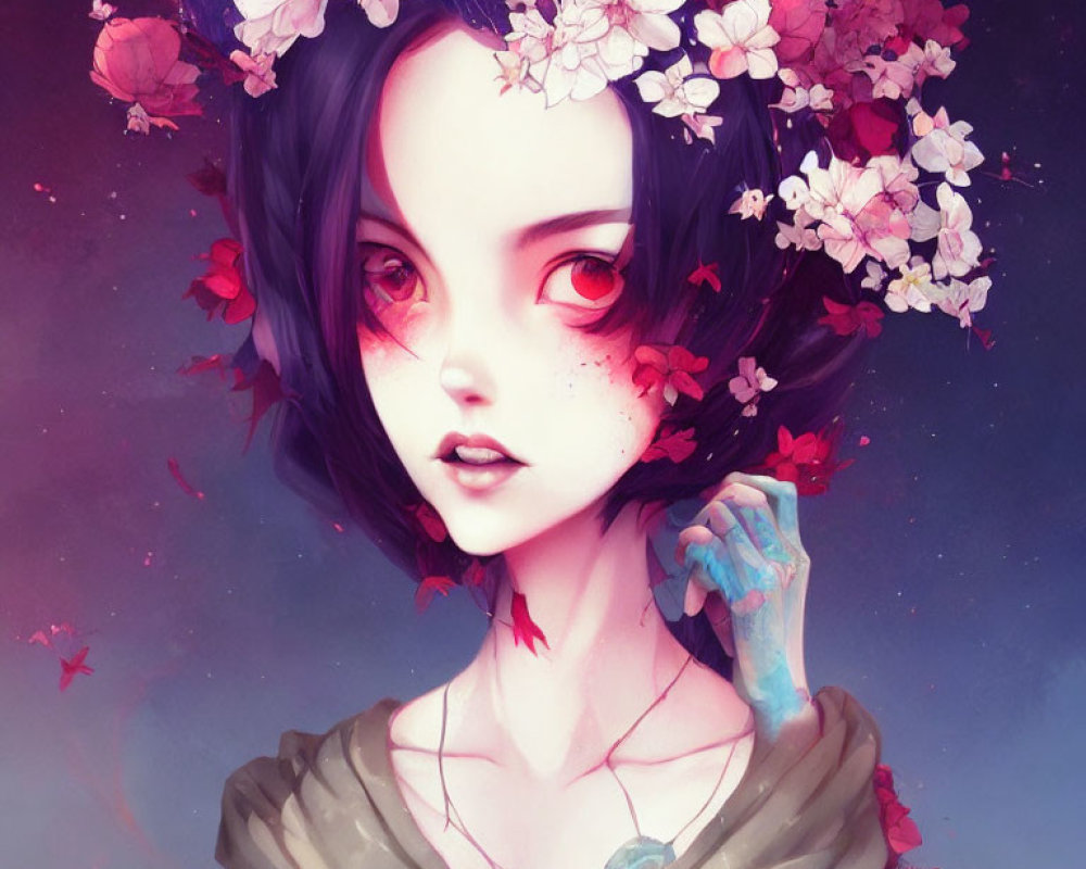 Illustrated female with dark hair, pink flowers, red eyes, and supernatural aura on purple backdrop