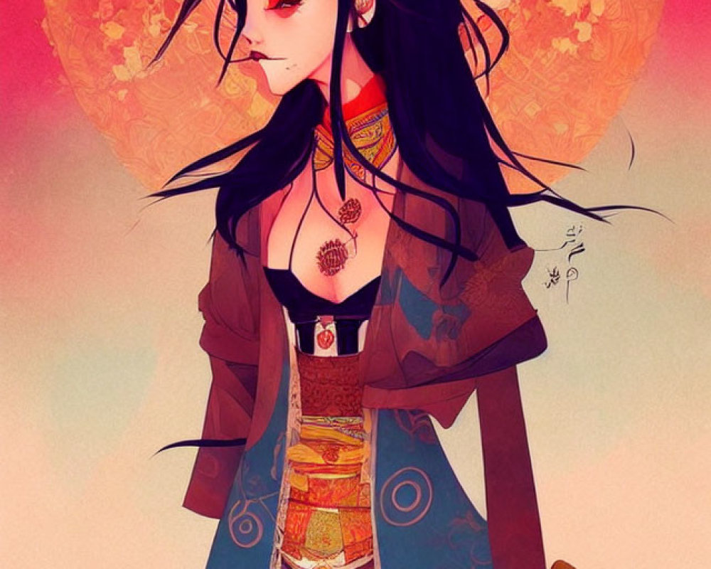 Illustration of female figure in traditional Asian attire with dark hair and red circle