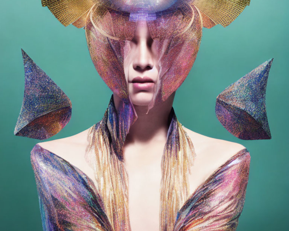 Futuristic portrait with iridescent clothing and cosmic elements