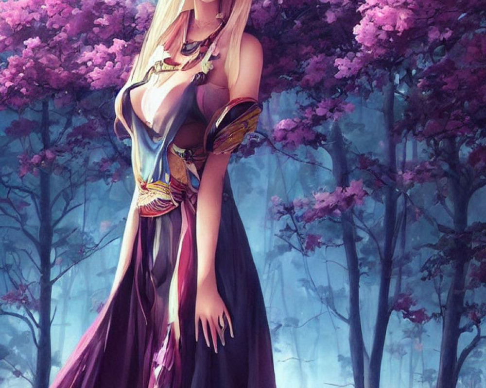 Illustration of Female Character with Long Blond Hair in Purple Dress Among Pink-Flowered Trees