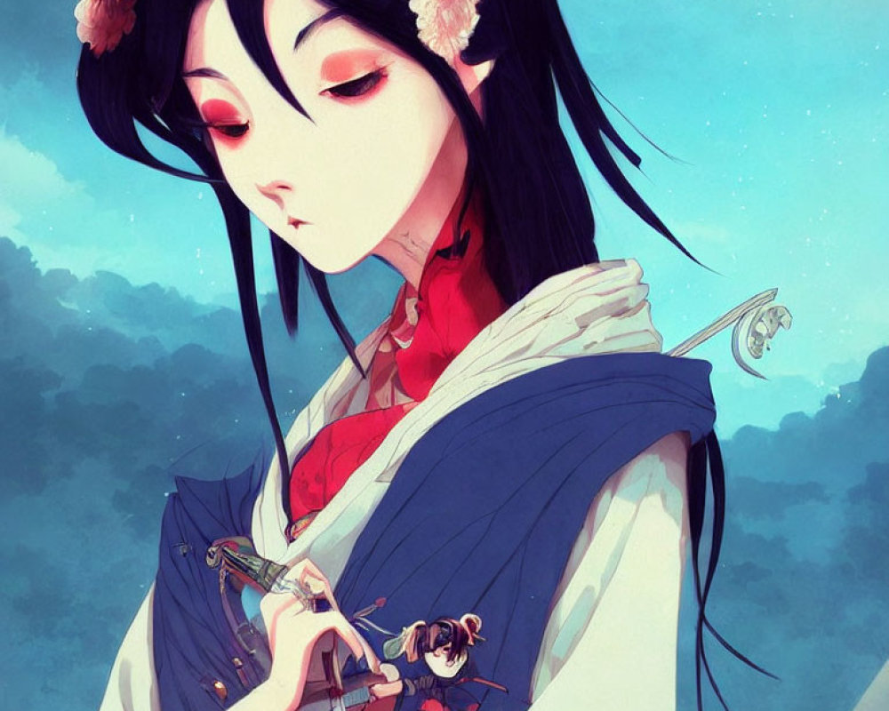 Anime-style illustration of a pale-skinned woman with black hair, holding a Japanese sword, surrounded by